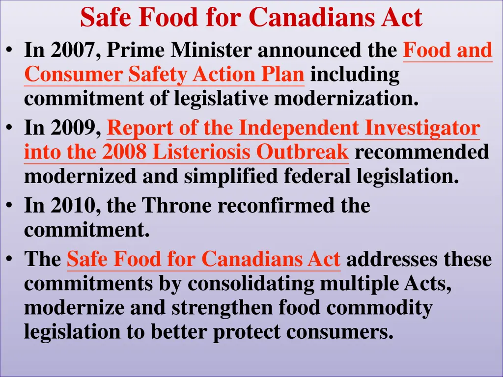 safe food for canadians act in 2007 prime