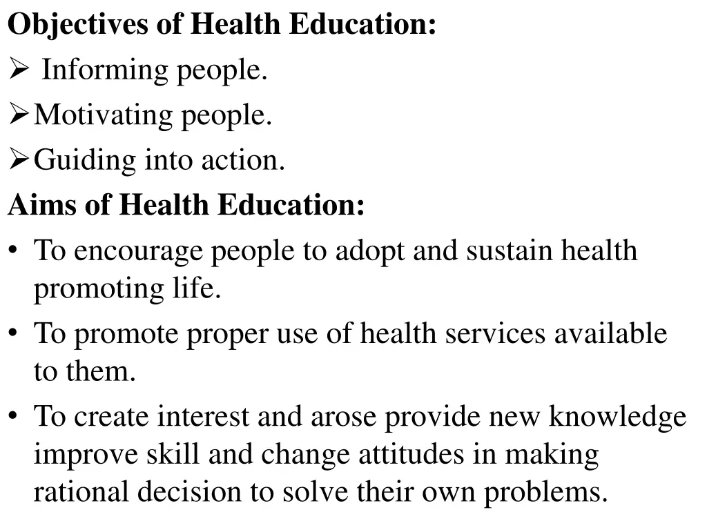 objectives of health education informing people
