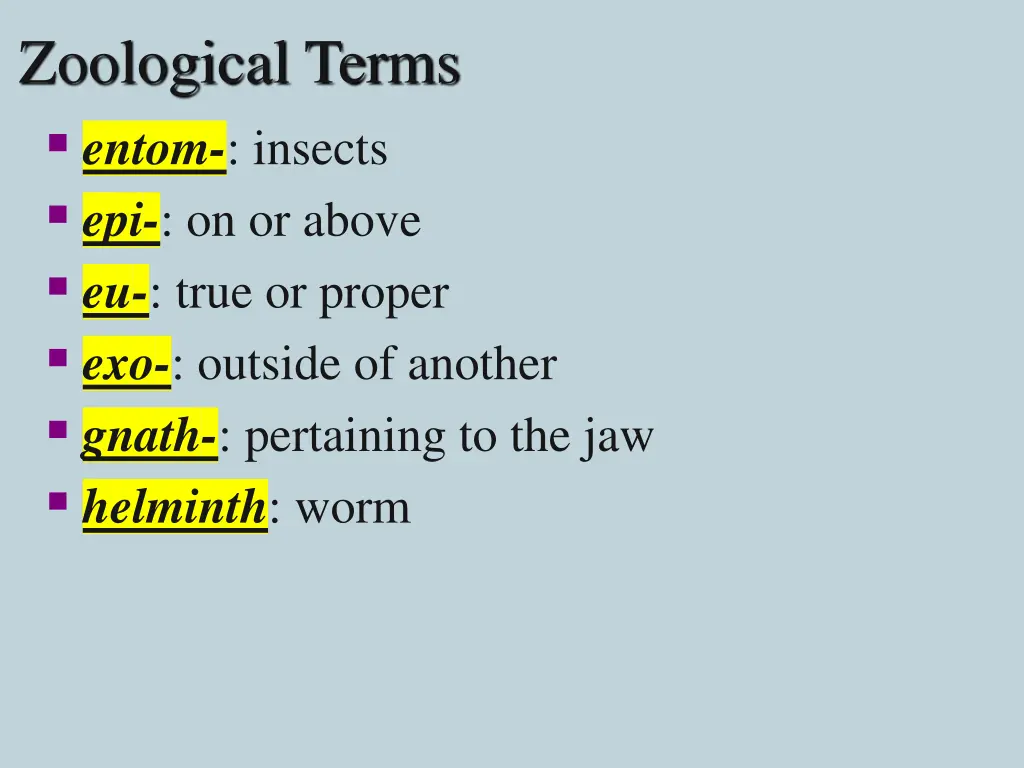 zoological terms entom insects epi on or above