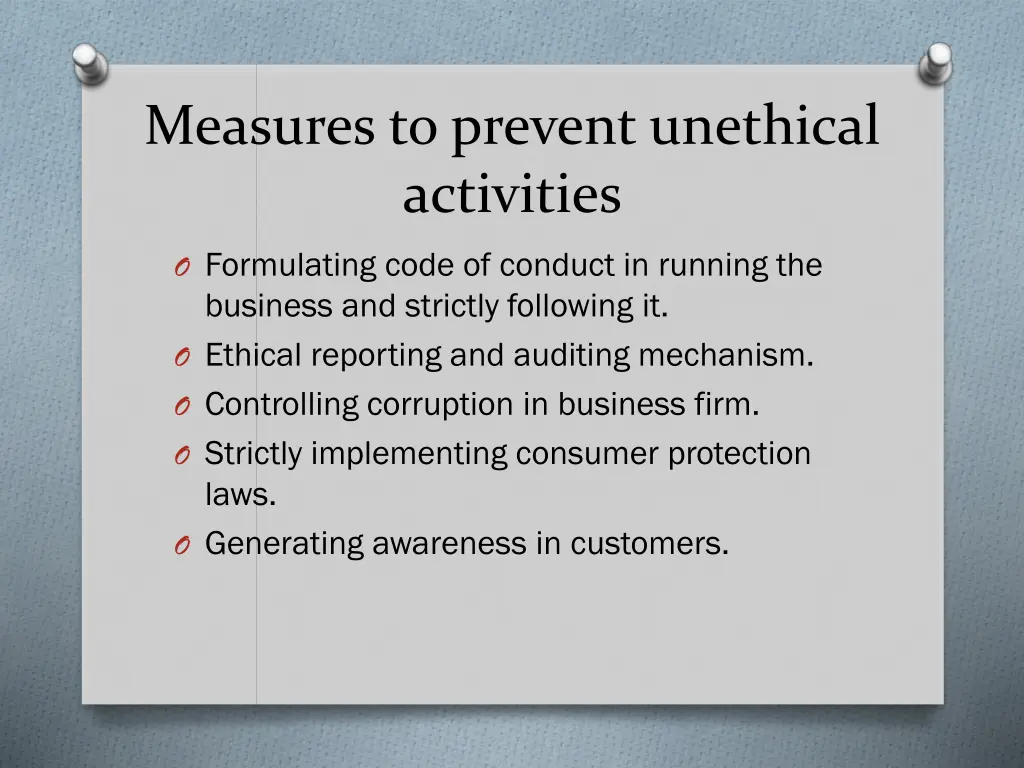 measures to prevent unethical activities