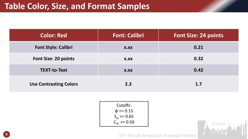 table color size and format samples 1