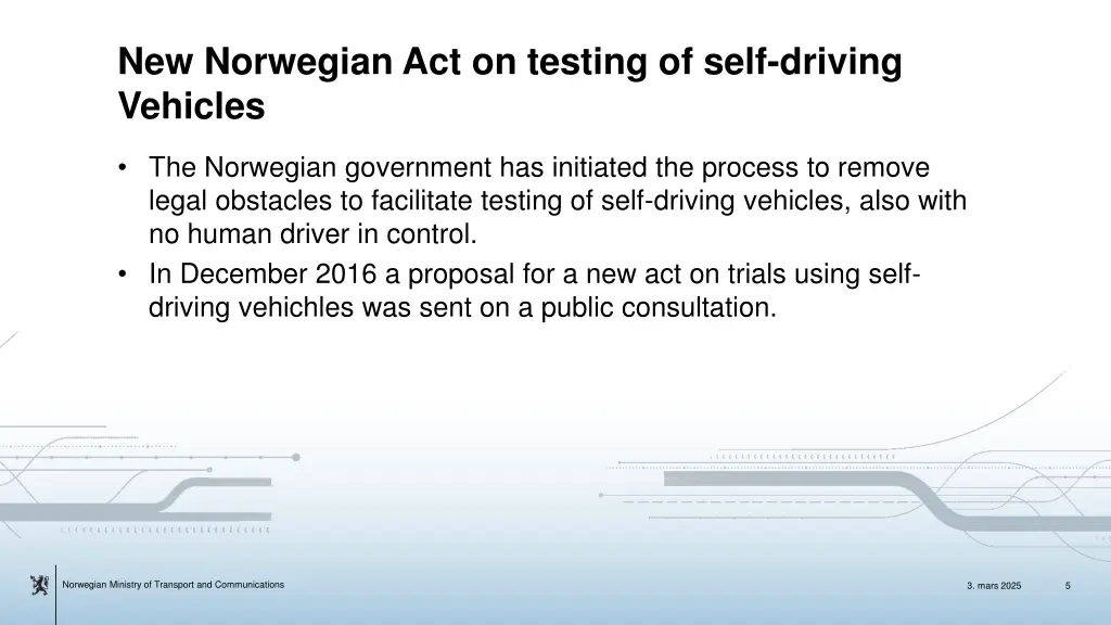 new norwegian act on testing of self driving