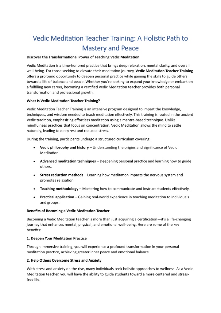 vedic meditation teacher training a holistic path