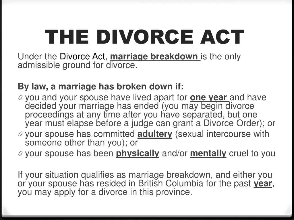 the divorce act under the divorce act marriage