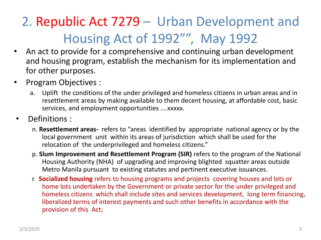 2 republic act 7279 urban development and housing