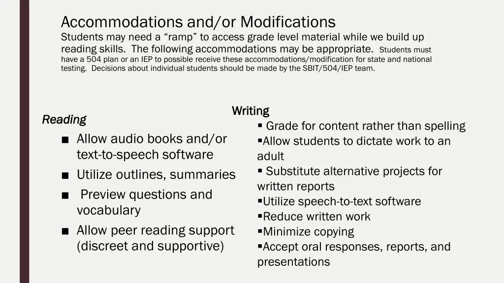 accommodations and or modifications students