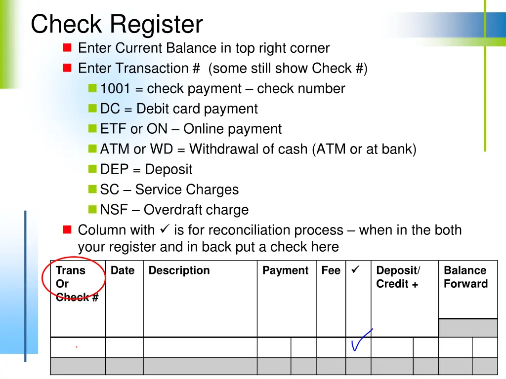 check register enter current balance in top right