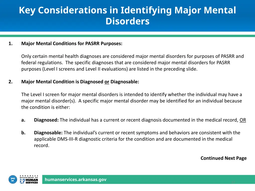 key considerations in identifying major mental