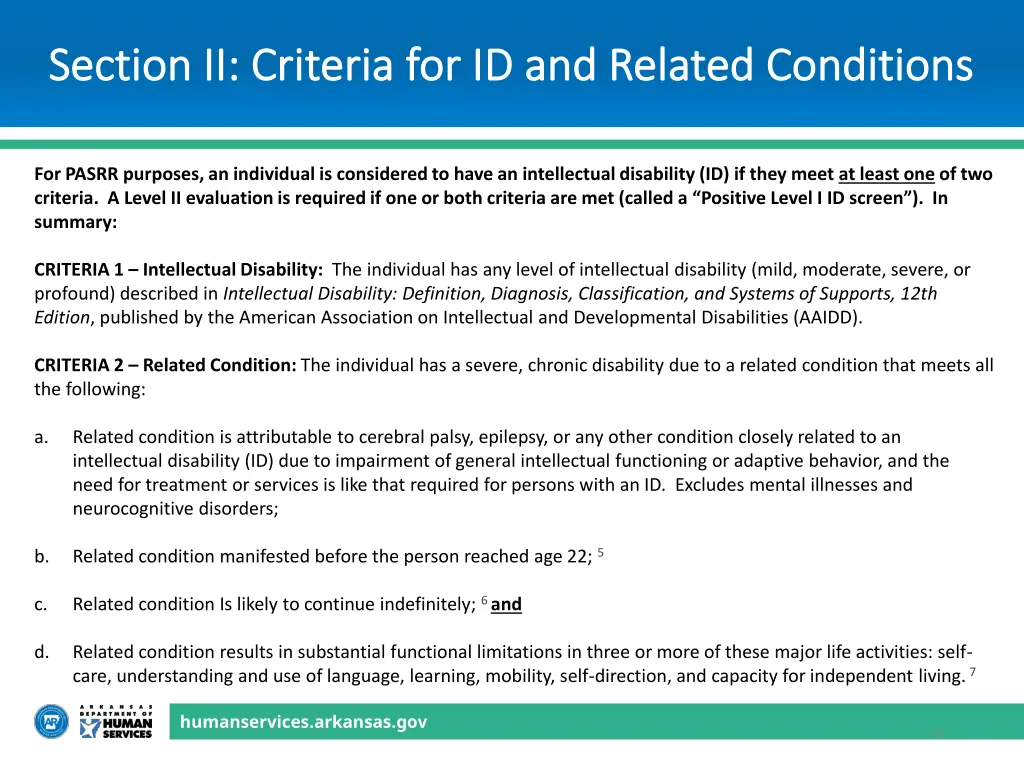 section ii criteria for id and related conditions