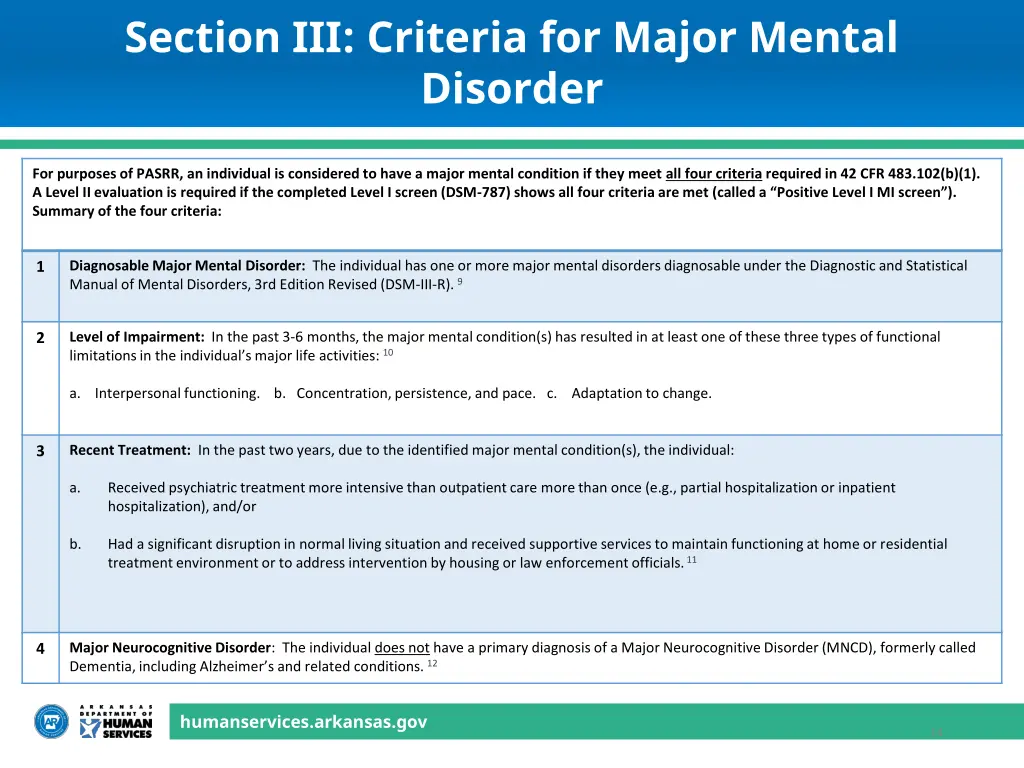 section iii criteria for major mental disorder
