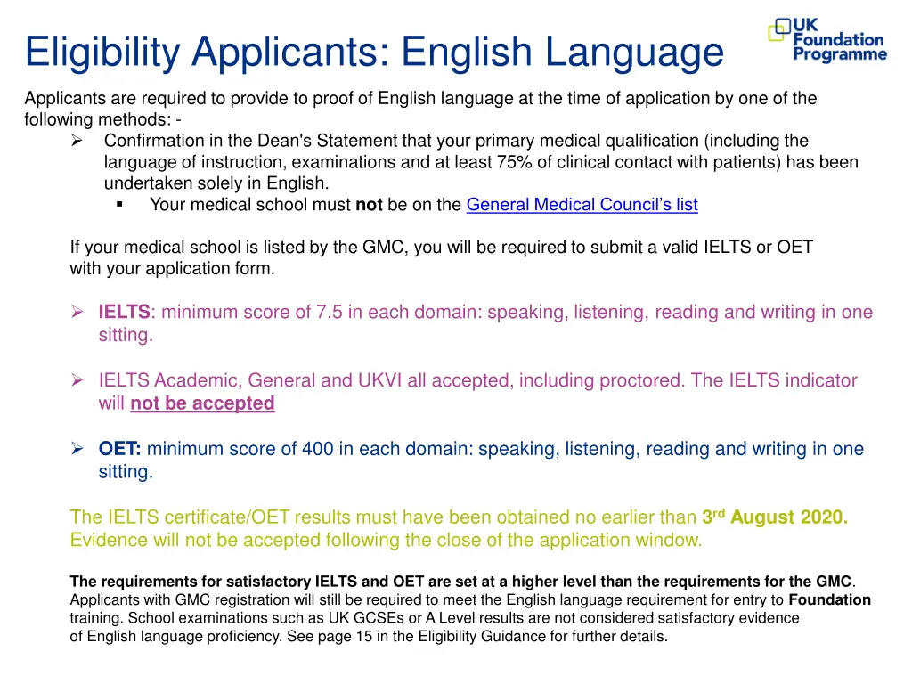 eligibility applicants english language