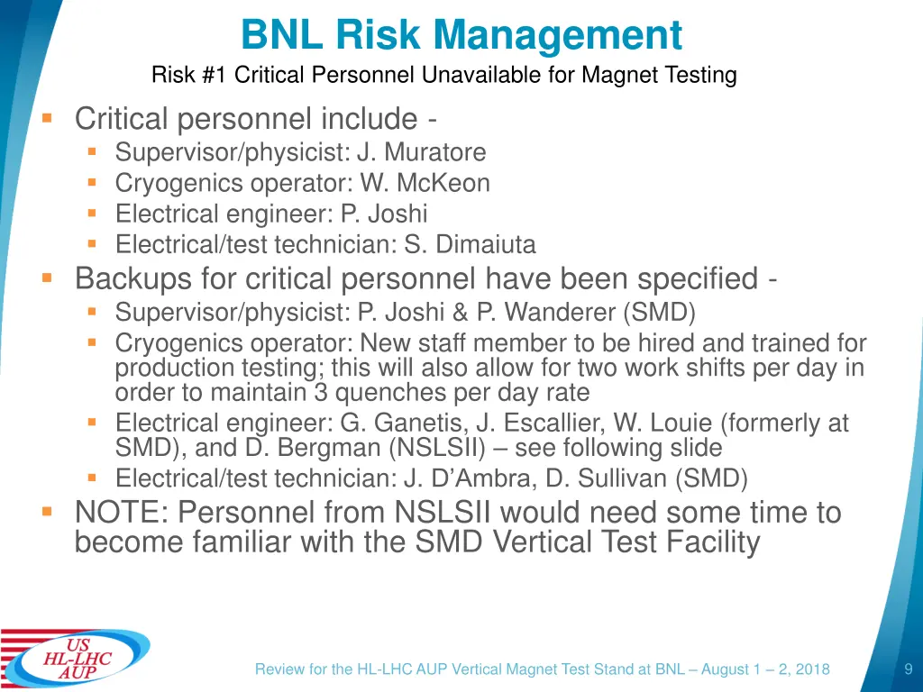 bnl risk management risk 1 critical personnel