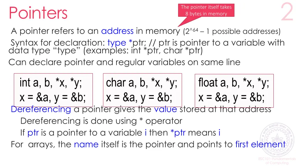 pointers a pointer refers to an address in memory