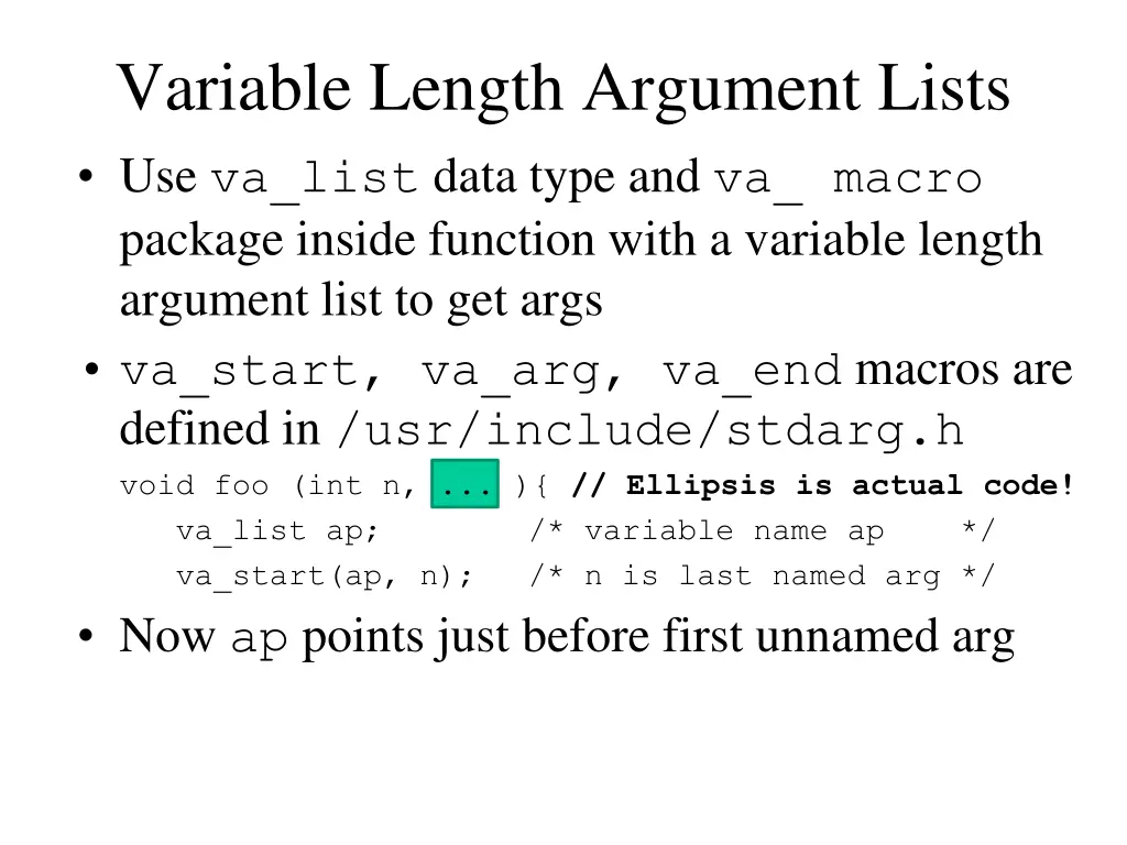 variable length argument lists use va list data