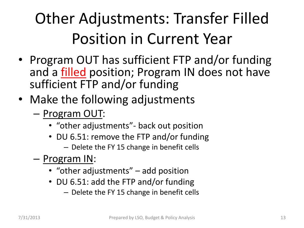 other adjustments transfer filled position
