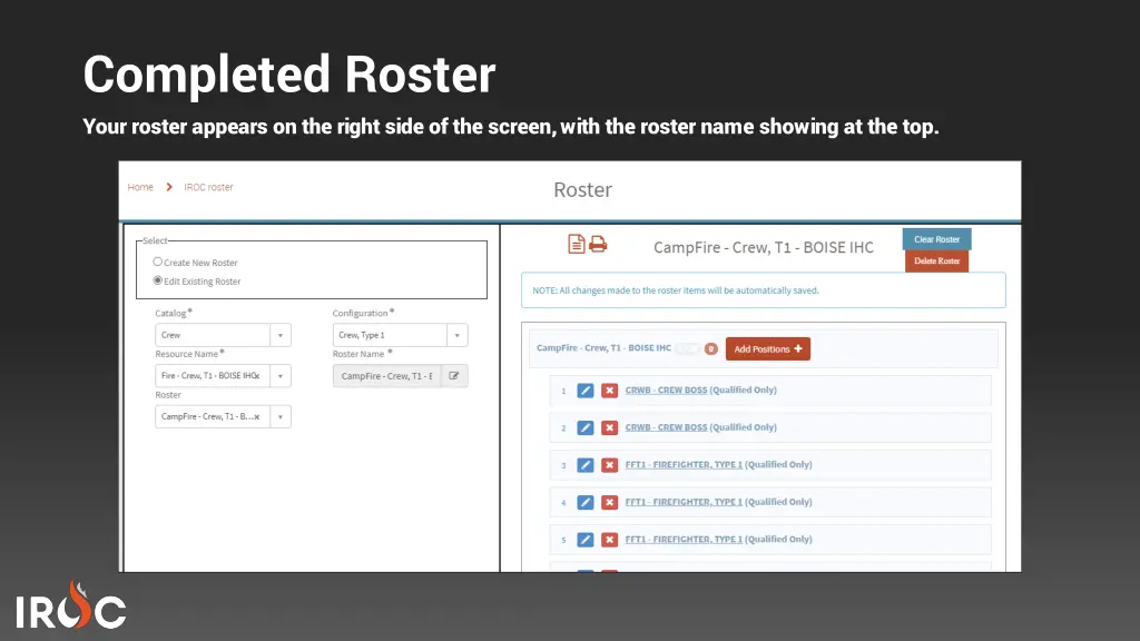 completed roster your roster appears on the right
