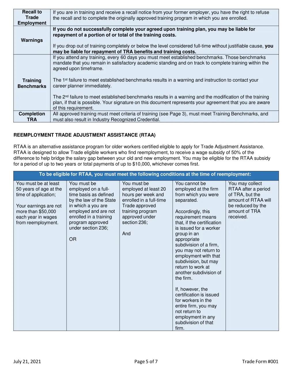 recall to trade employment