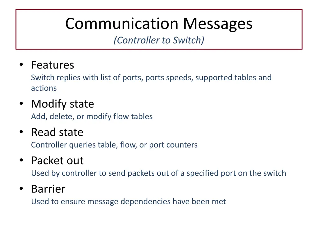 communication messages controller to switch