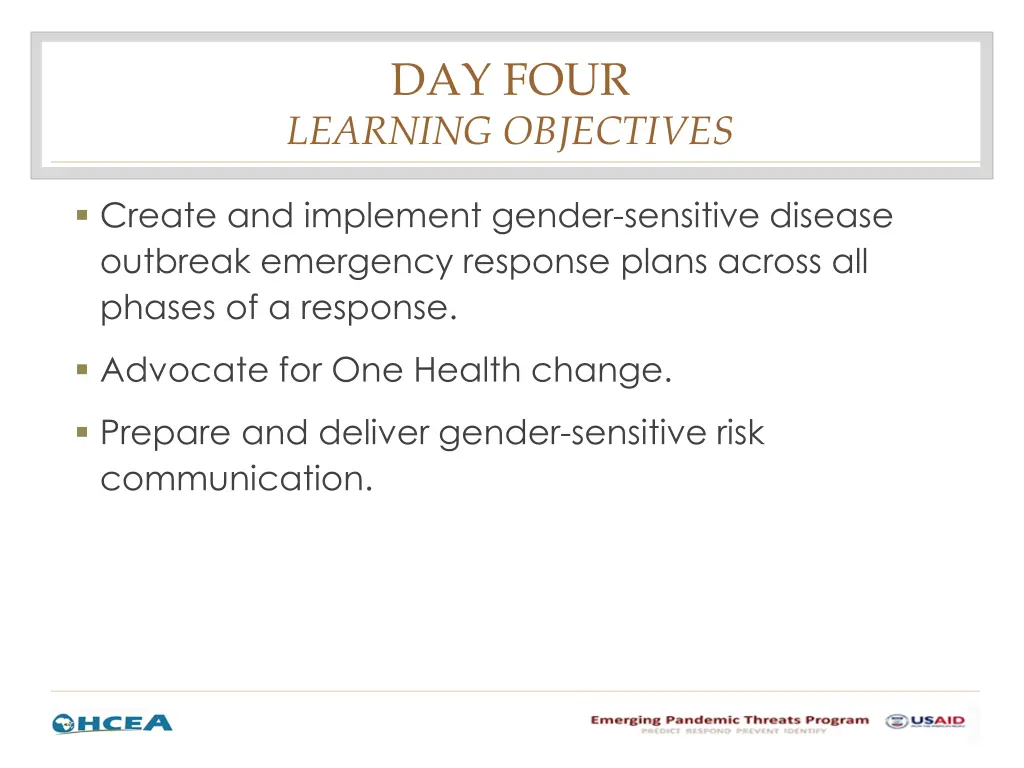 day four learning objectives