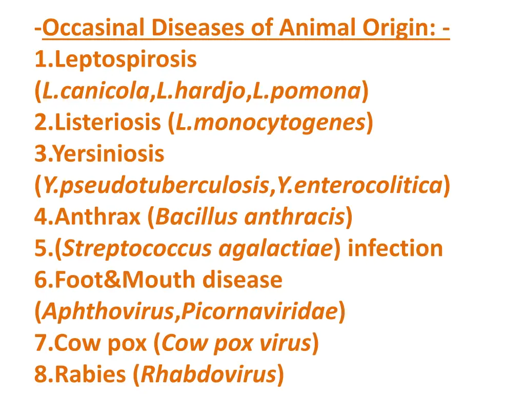 occasinal diseases of animal origin