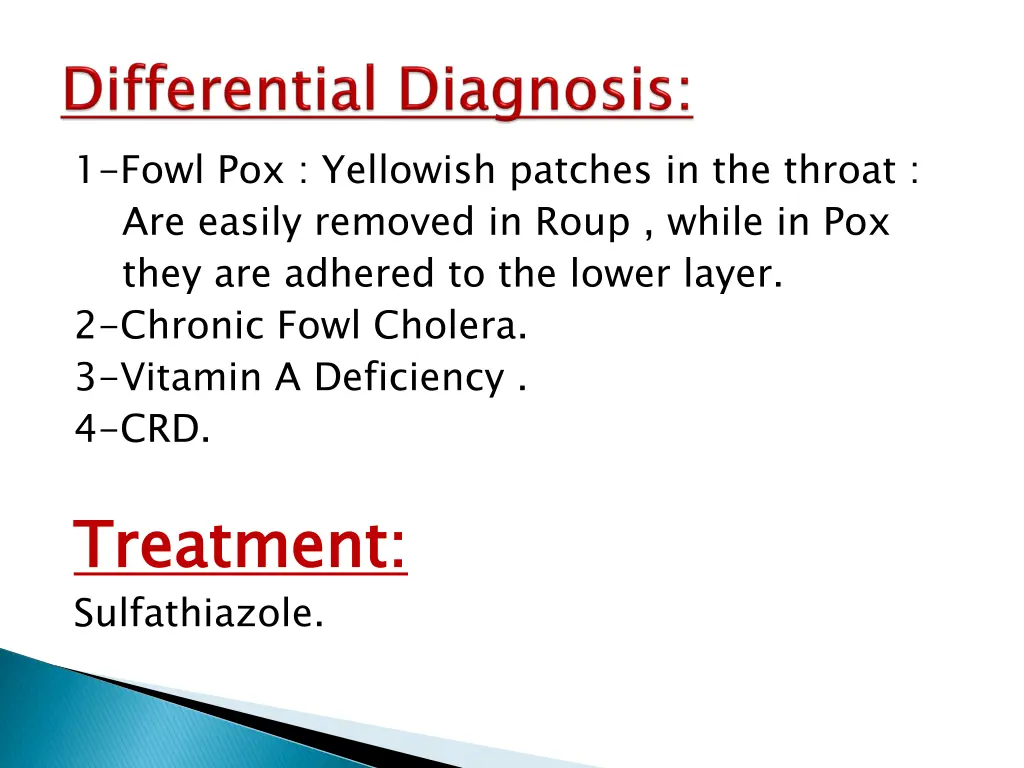 1 fowl pox yellowish patches in the throat