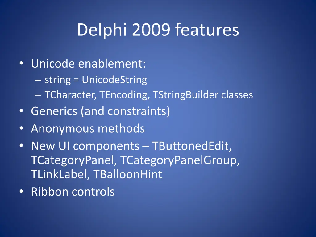 delphi 2009 features