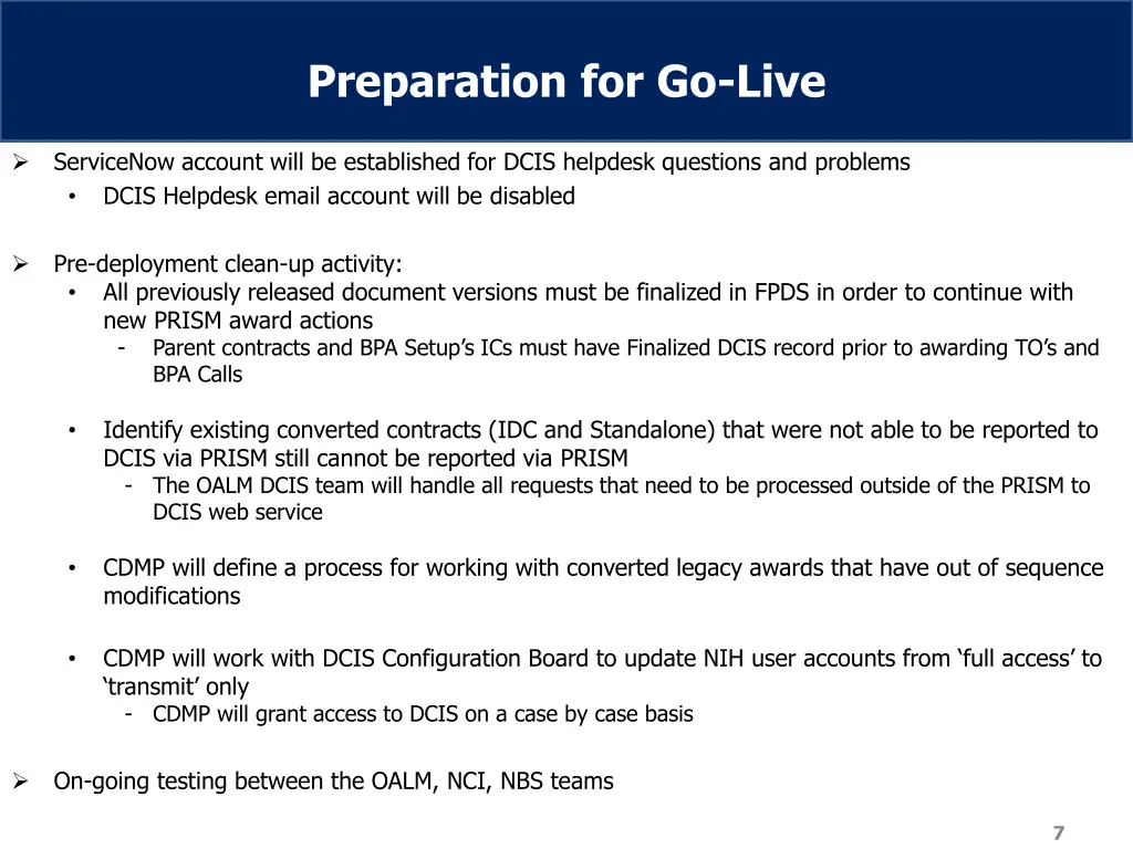 preparation for go live