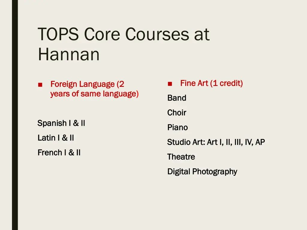 tops core courses at hannan 2