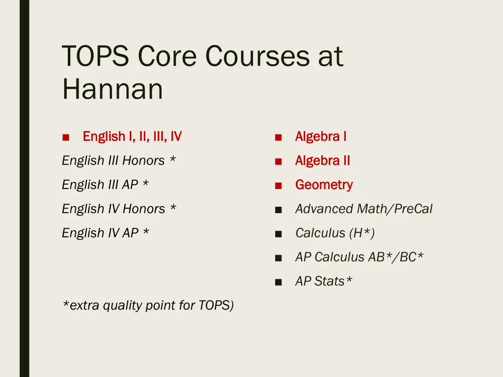 tops core courses at hannan