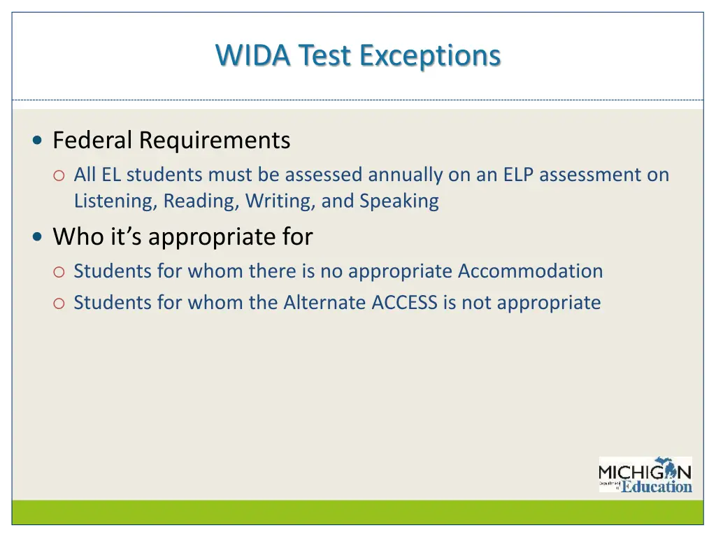 wida test exceptions
