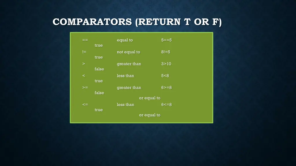 comparators return t or f
