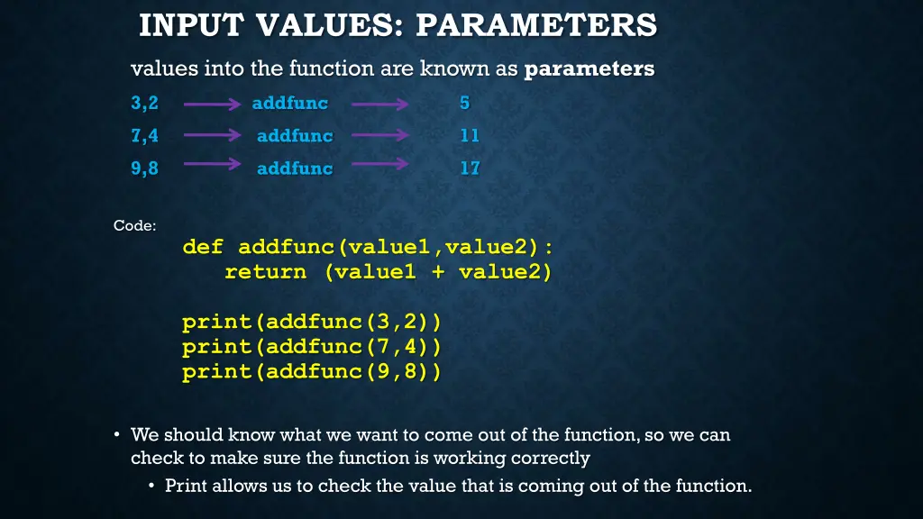 input values parameters values into the function
