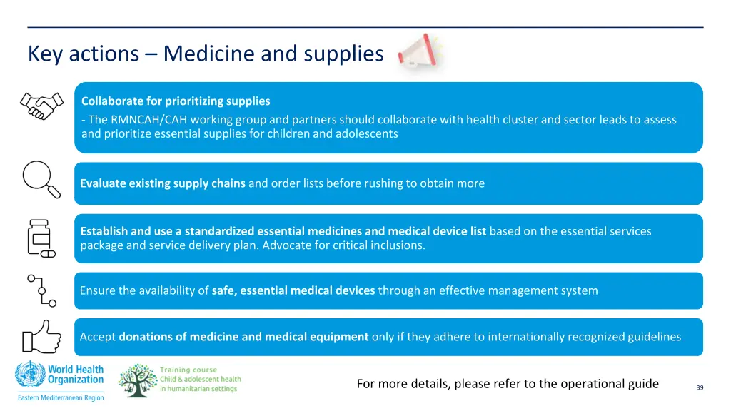 key actions medicine and supplies