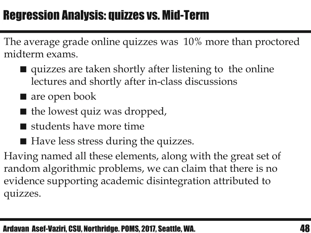 regression analysis quizzes vs mid term