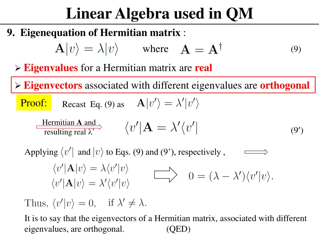 linear algebra used in qm 9 eigenequation