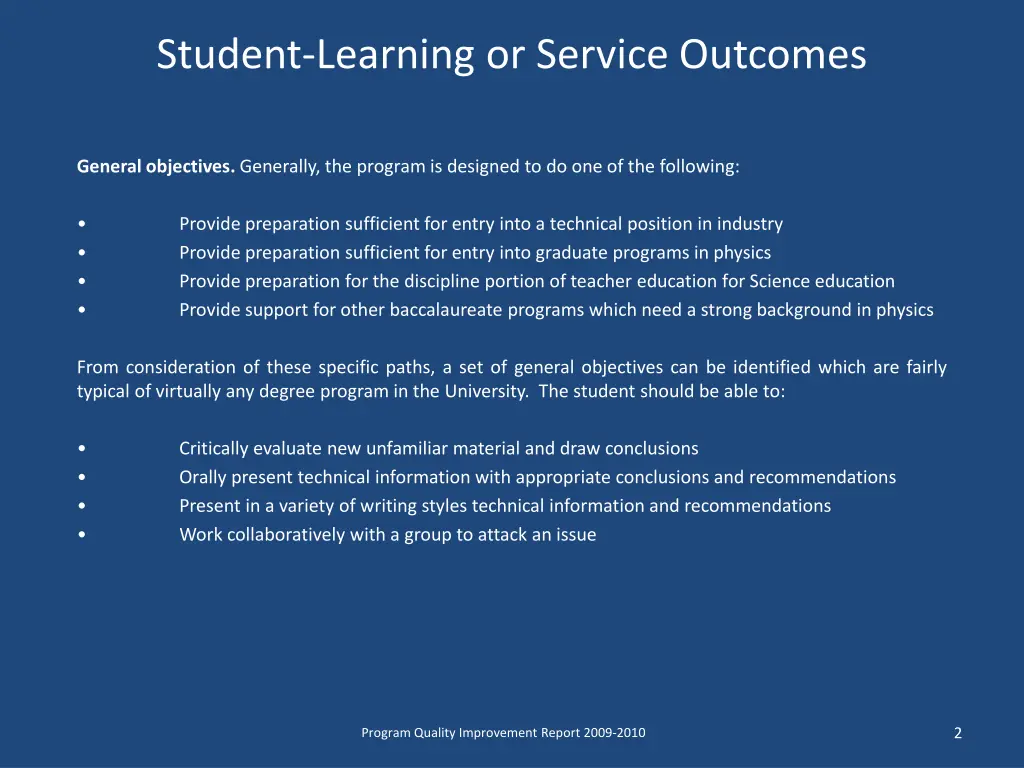 student learning or service outcomes