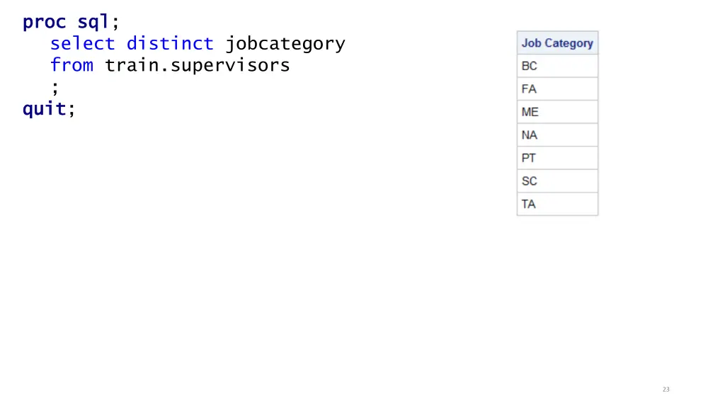 proc proc sql select distinct jobcategory from