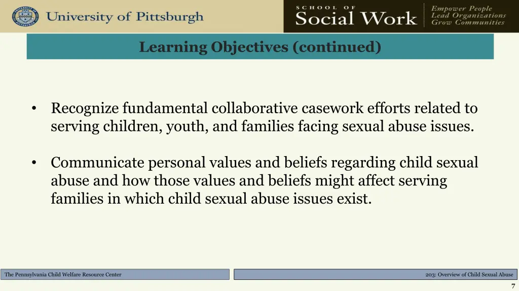 learning objectives continued
