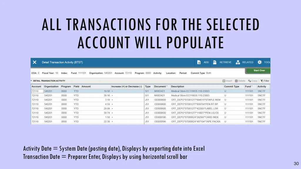 all transactions for the selected account will