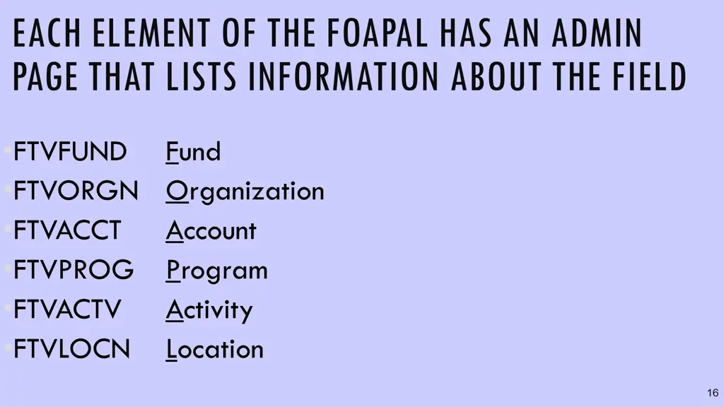 each element of the foapal has an admin page that