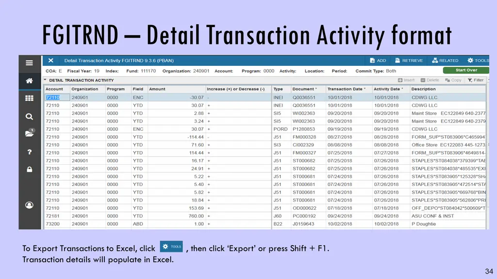 fgitrnd detail transaction activity format