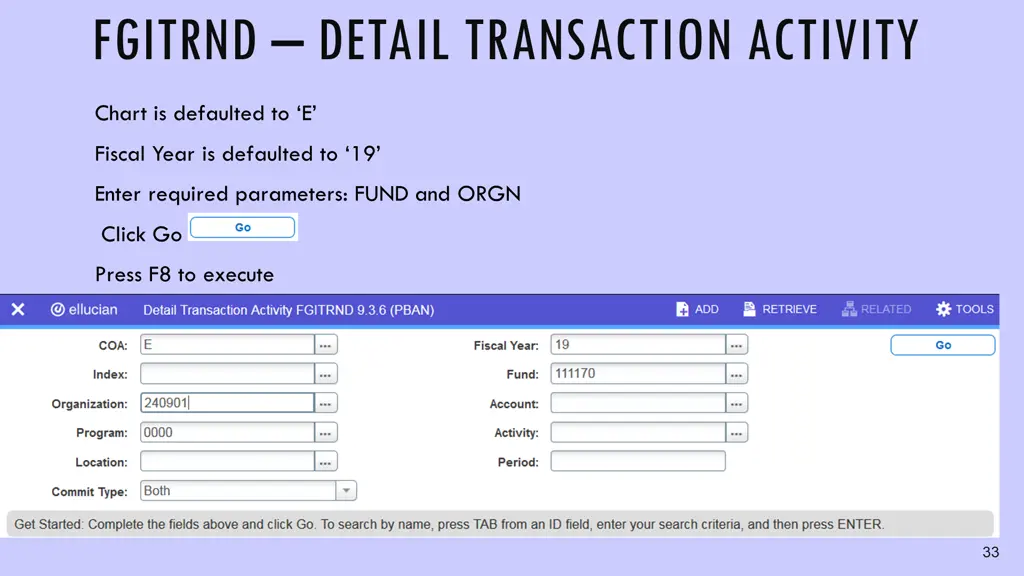 fgitrnd detail transaction activity