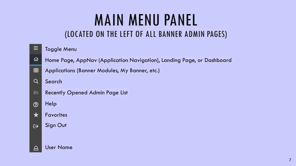 main menu panel located on the left of all banner
