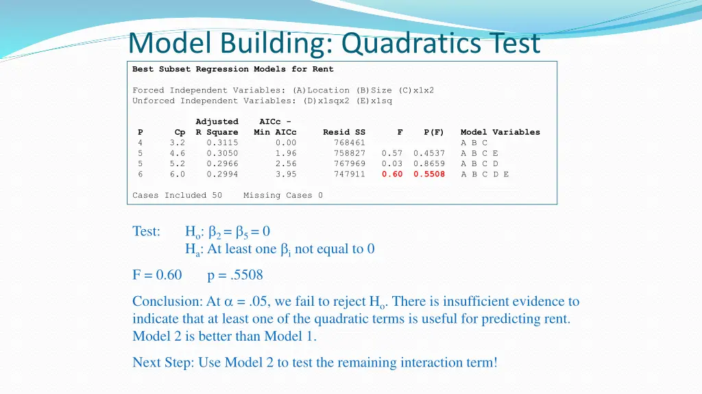 model building quadratics test best subset