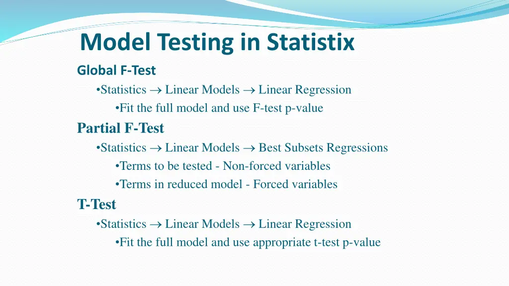 model testing in statistix global f test