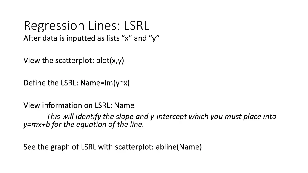 regression lines lsrl after data is inputted