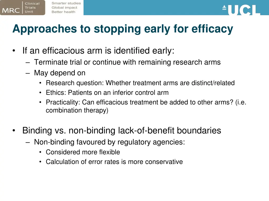 approaches to stopping early for efficacy