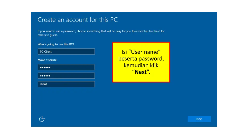 isi user name beserta password kemudian klik next