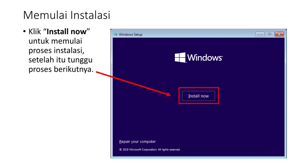 memulai instalasi klik install now untuk memulai