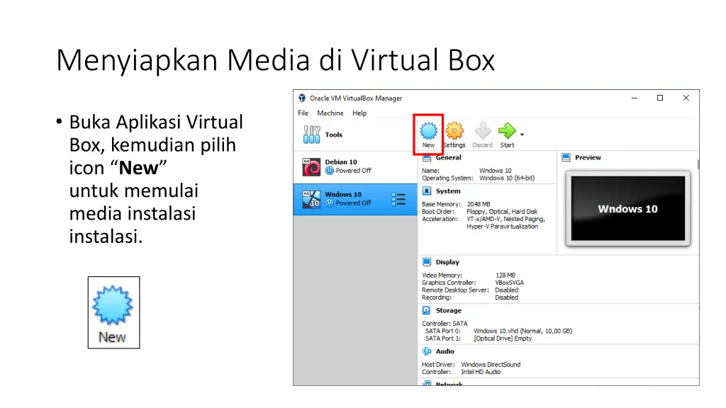 menyiapkan media di virtual box